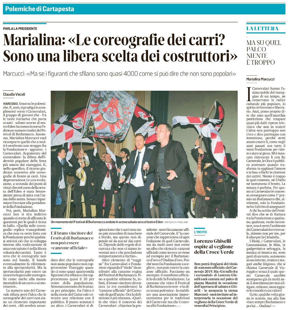 Precisazioni riguardo all’articolo de Il Tirreno del 05/02/19